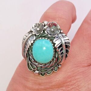 Southwestern Sterling Silver Kingman Turquoise Ring Navajo Style Leaf Size 8